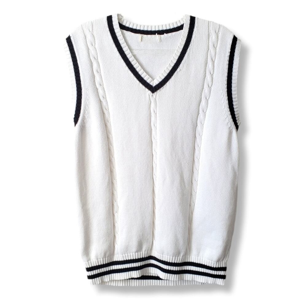 Varsity White Cotton V Neck Sweater Vest L Preppy Tenniscore Academia Old Money
